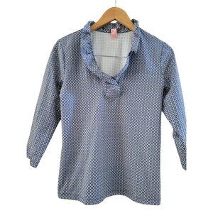 J. McLaughlin Durham Ruffle blue brown print  Signature Catalina cloth Top size